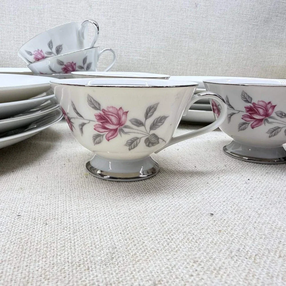 Lennold Fine China Enchanted Rose 1583 Japan Dinnerware Set Pink Floral Silver